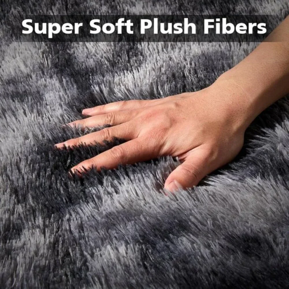 New 5x7 Tie-Dyed Dark Grey Rug, Luxury Fluffy Shag Carpet for Home & Room Decor